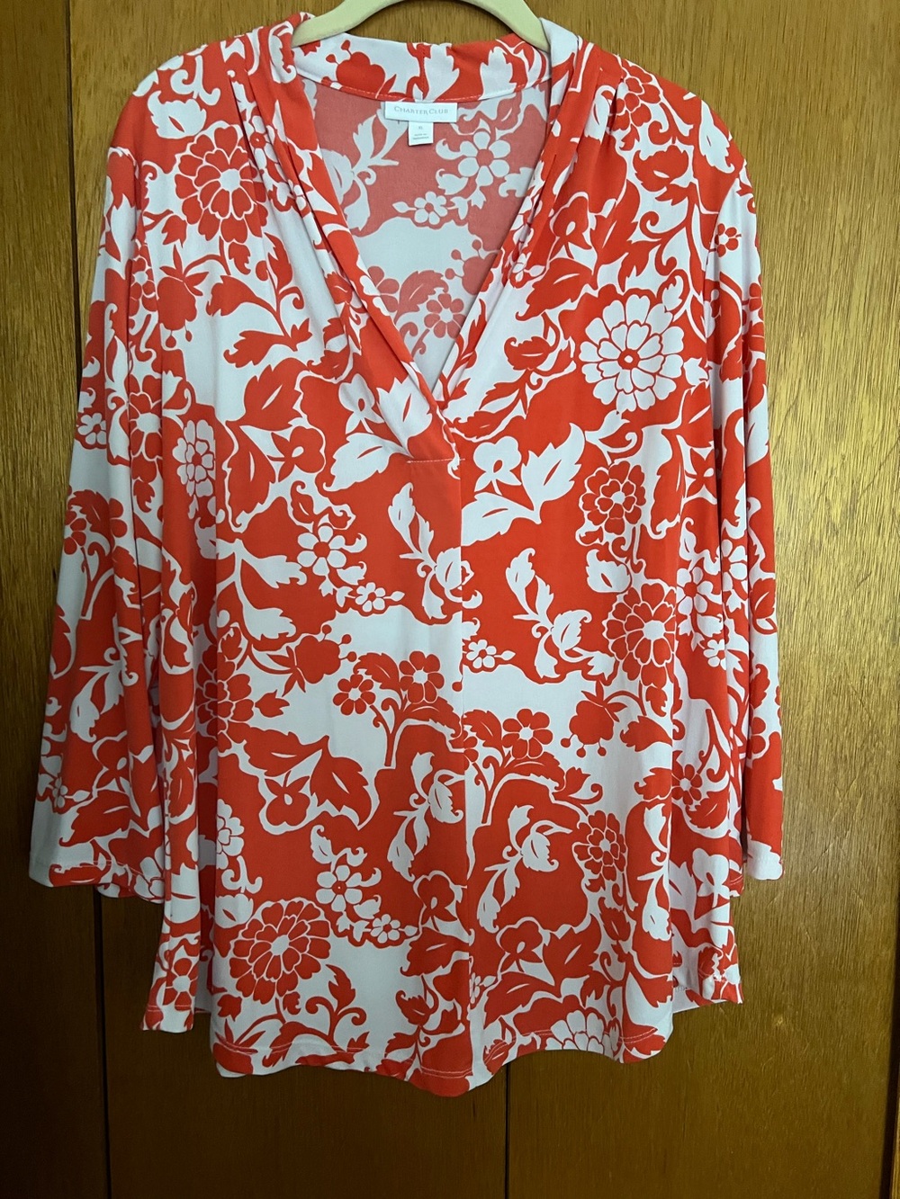 Charter Club Coral and White Floral V-Neck Tunic